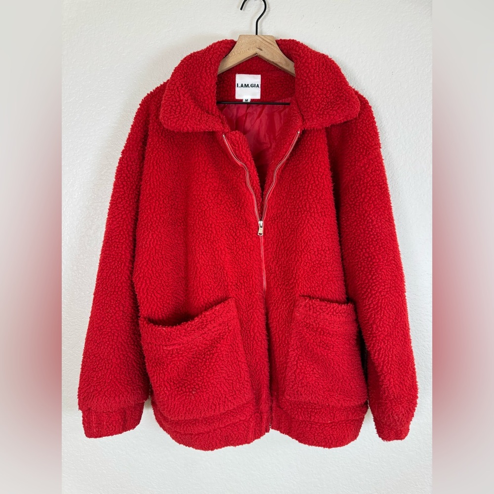 I. Am. Gia Pixie Oversized Teddy Coat Red size Medium Revolve $110 - Picture 6 of 16